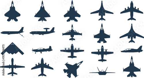 Diverse array of aircraft silhouettes featuring military fighter jets, bombers, cargo planes, and reconnaissance aircraft.