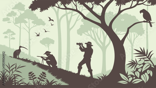 Wildlife Photographers Observing Birds and Nature in Lush Forest Silhouette for Travel Adventure Ecotourism Design