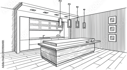 Luxury kitchen island and breakfast bar sketch featuring wood grain textures, multi-tiered countertops, and contemporary cylindrical pendant lighting.