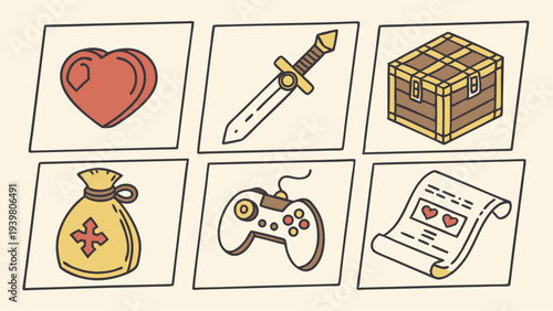 Retro Gaming Icons for RPG Interface Design Loot Health Sword Controller Potion Scroll Assets