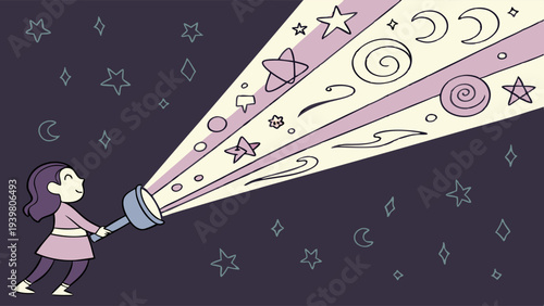 Child Shining Magic Flashlight Revealing Stars Moons and Dreams for Imagination and Creativity in Night Sky