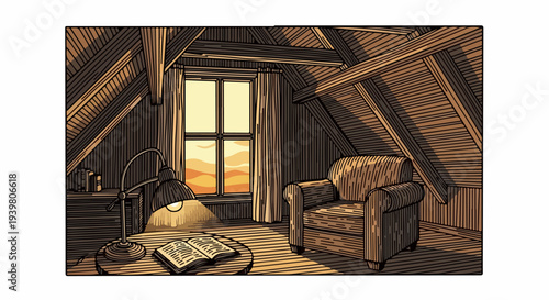 Attic interior with armchair round table lamp and open book