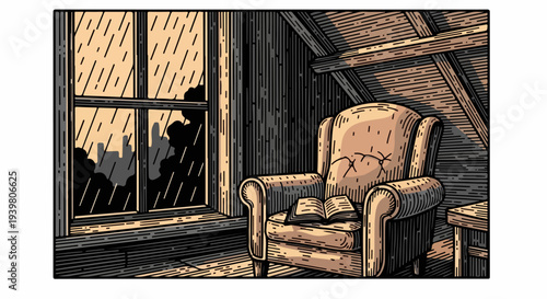 Attic room with armchair and open book beside rainy window