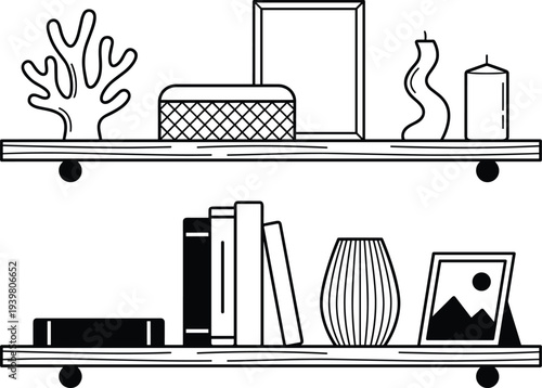 Minimalist interior wall shelf styling set featuring decorative coral, books, textured vases, and picture frames for home organization.