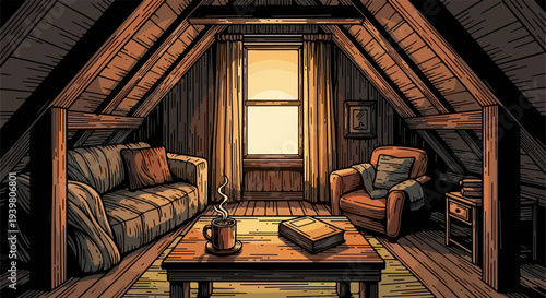 Attic room with sofa armchair coffee table and books