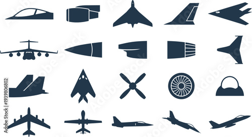Comprehensive set of modern and vintage airplane silhouettes with various parts and military aircraft designs.