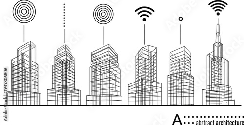 Modern abstract architectural wireframe buildings with digital signal icons for smart city infrastructure and futuristic urban development concepts.