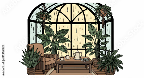 Arched greenhouse window seating area with armchair tea set and plants