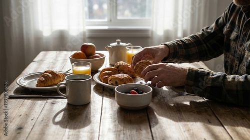 Cozy breakfast table with croissants fruit and coffee in soft window light, hands preparing food on rustic wood, calm morning mood for home lifestyle