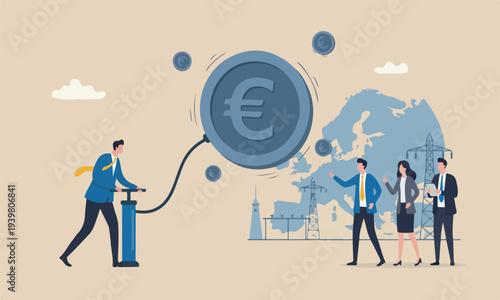 Inflation in causing,meeting teams together bank interest rate policy to reduce inflation, Euro recession or money devaluation concept, businessman inflate air pump into floating Euro money coin.