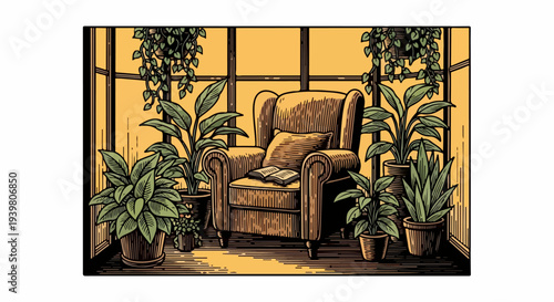 Wingback chair in greenhouse corner with open book and potted plants