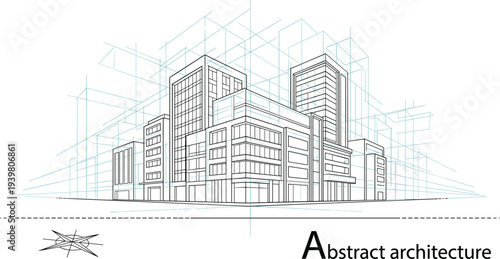 Modern architectural city block project with teal drafting lines and compass rose for urban planning and building design.