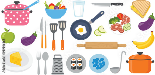 Cooking and Meal Prep Icon Set Featuring Ingredients, Kitchen Tools, Frying Pan, Utensils, and Fresh Produce in Colorful Vector Design