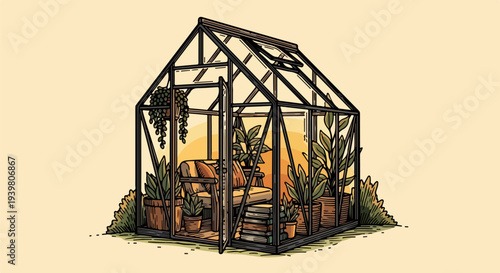 Small greenhouse exterior with open door armchair and plants