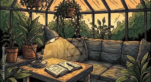 Greenhouse workspace with desk lamp notebook terrarium and bench seating