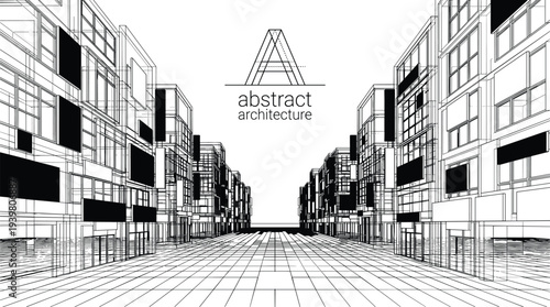 Modern abstract architecture wireframe city street with minimalist building outlines and 3D geometric urban perspective vector illustration.