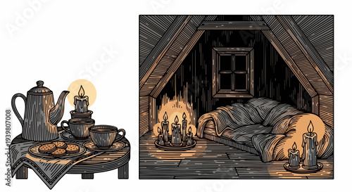 Tea set with cookies and candle next to attic bed illustration