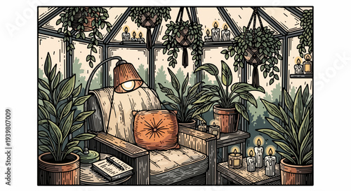 Armchair with floor lamp plants and candles inside greenhouse illustration