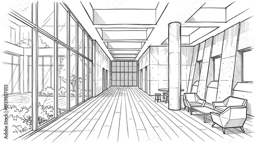 Modern minimalist architectural interior featuring a glass-walled corridor, concrete structural pillars, and a landscaped outdoor courtyard.