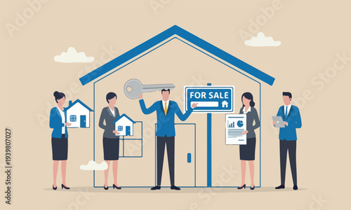 : House for, fall teams together or property agent, rent or buy, mortgage, or purchase new house, homeowner, residential concept, businessman selling home with key and for sale sign