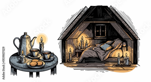 Attic bed scene with tea service and candles illustration