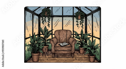Greenhouse interior with armchair book and potted plants at sunset