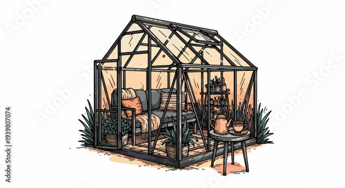 Glass greenhouse exterior with sofa table teapot and plant shelf