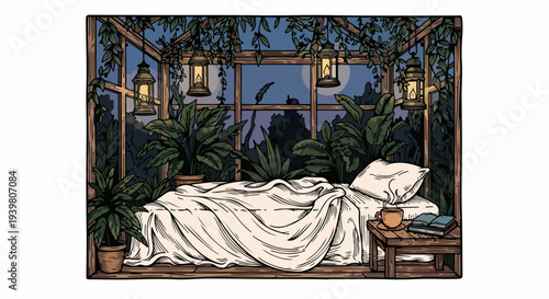 Night greenhouse bedroom with bed lanterns and surrounding plants