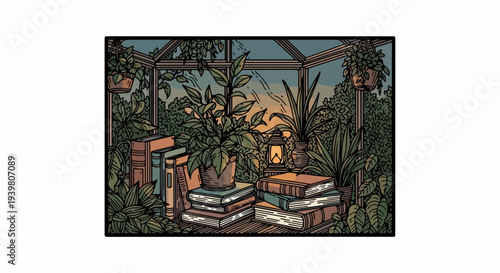 Conservatory corner with books plants and hanging lantern at dusk