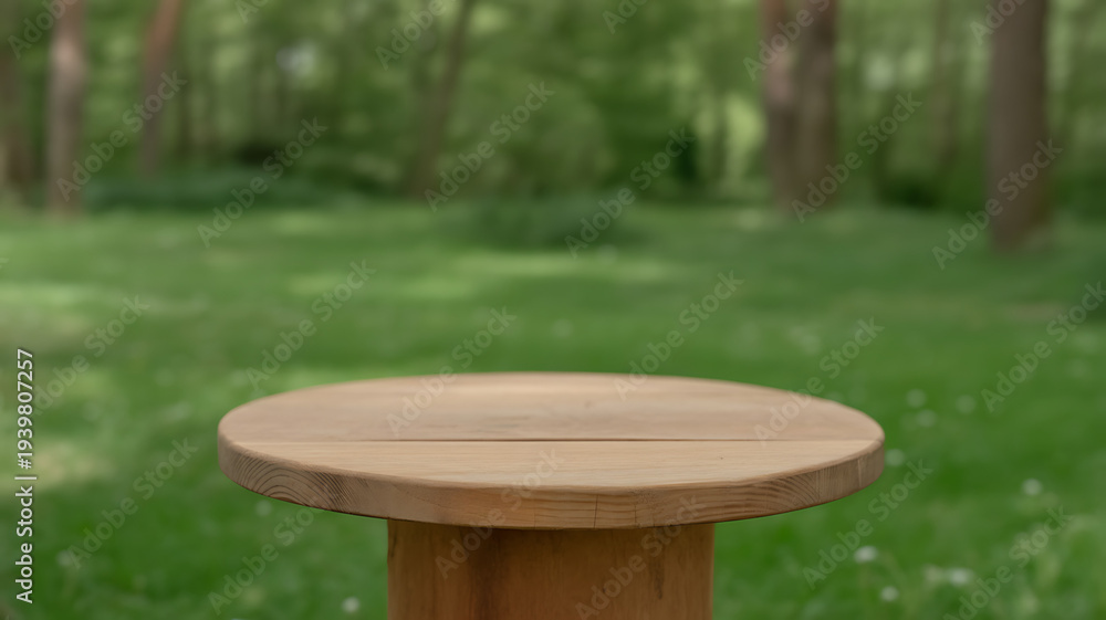 Naklejka premium empty wooden tabletop podium in garden open forest, blurred green plants background with space. organic product presents natural placement pedestal display, spring and summer concept