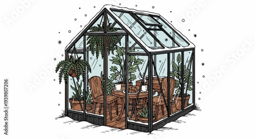 Winter greenhouse with wooden chairs round table and hanging plants