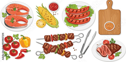 Grilled Meat and BBQ Icon Set Featuring Salmon, Sausages, Kebabs, Vegetables, Sauces, and BBQ Essentials in Vibrant Vector Style