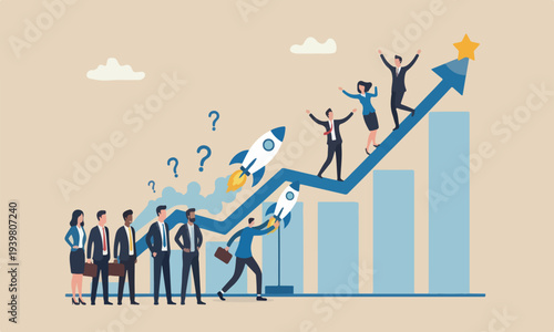 Boost rocket, teams rocket or launch new business, innovation to boost success, rising up and improvement concept, businessman on growth chart launching rocket