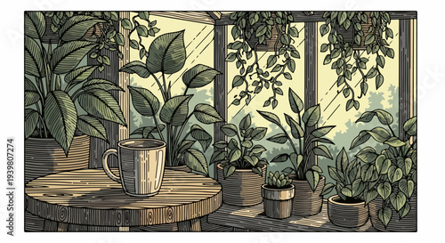 Coffee mug on round wooden table with potted plants in greenhouse window