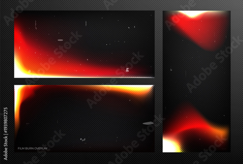 Film burn and light leak overlay pack with warm red-yellow gradient and realistic burned film edge texture, isolated on transparent and dark background.