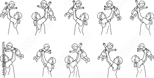 Happy mother lifting baby in air vector illustration set featuring simple minimal line art silhouettes of mom playing with child for motherhood concepts parenting blogs maternity logos.