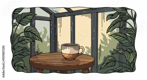 Coffee cup on round wooden table inside greenhouse with large leaf frame