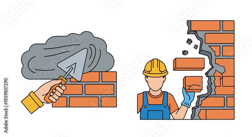 Construction worker demolishing brick wall.
