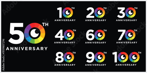 Collection of anniversary 10 to 100 logo design. Celebration day camera lens eye focus vector symbol icon concept