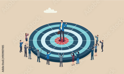 Miniature of is modern, flat design with clean lines and minimal shading confident businessman standing at the center of dartboard as business goal achievement concept.