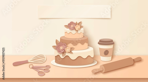 A delightful baking setup featuring a tiered cake, whisk, rolling pin, measuring spoons, and a to-go coffee cup, perfect for home bakers and small businesses