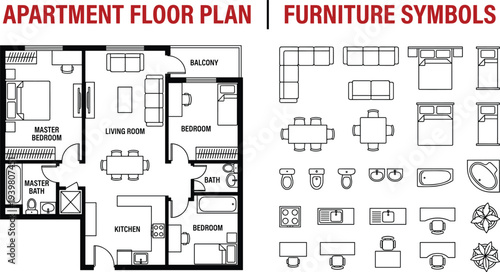 Professional 2D three-bedroom apartment floor plan with master suite and integrated furniture symbols library for architectural drafting