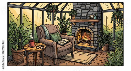 Sunroom interior with stone fireplace armchair plants and side table