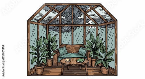 Isolated greenhouse structure with sofa plants table and storm sky