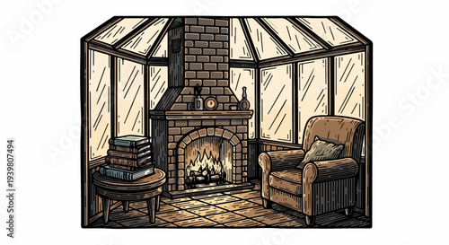 Isolated conservatory interior with brick fireplace armchair and books