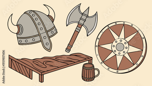 Viking Warrior Gear Set Axe Shield Helmet Wooden Bed Mug for Historical Game Design or Medieval Adventure Website Banner