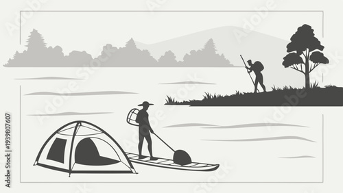 Summer Adventure Camping and Paddleboarding on Lake with Backpacking Traveler Exploring Wilderness for Travel Blog Design