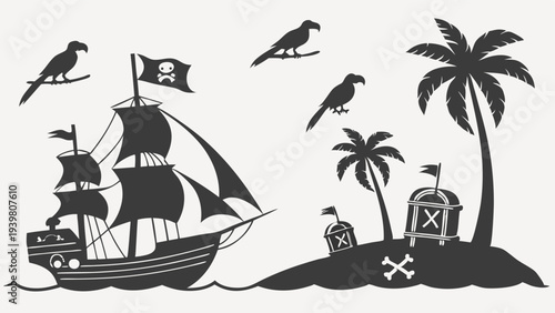 Pirate Ship Sailing Towards Tropical Island Treasure Chest Silhouette for Kids Party Invitations Game Design Adventure Theme