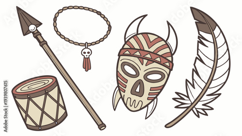 Tribal Artifacts Set Spear Drum Mask Feather Necklace for Cultural Design Projects Adventure Game Assets