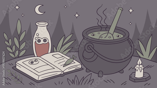 Mystical Witch Brewing Magic Potion in Cauldron with Spell Book for Halloween Occult Design Projects